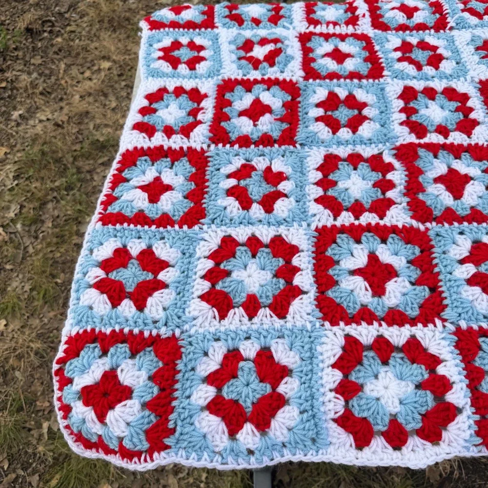 Handmade Crochet Granny Square Blanket Red White Blue Throw 39x33 Cottagecore